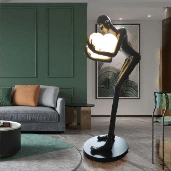 hotel project indoor decor creative design human art sculpture ball holding standing floor lamp