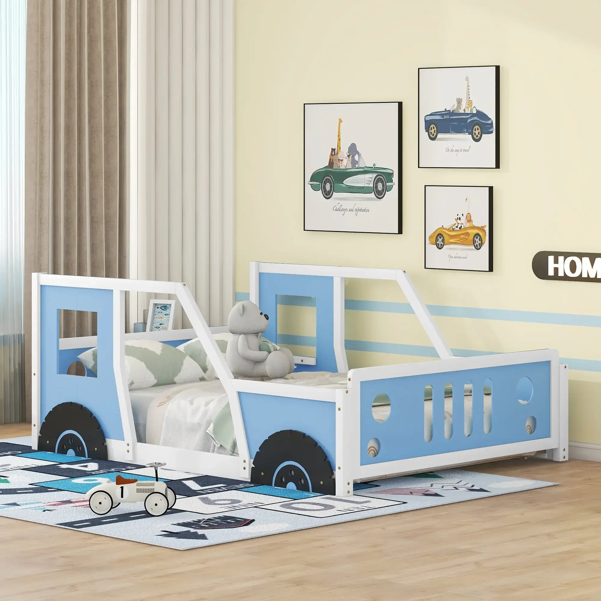 Car-Shaped Full Size Wood Platform Bed for Kids’ Bedroom  Solid Car Bed for Kids Gift  Low Profile Floor Bed Blue Car themed