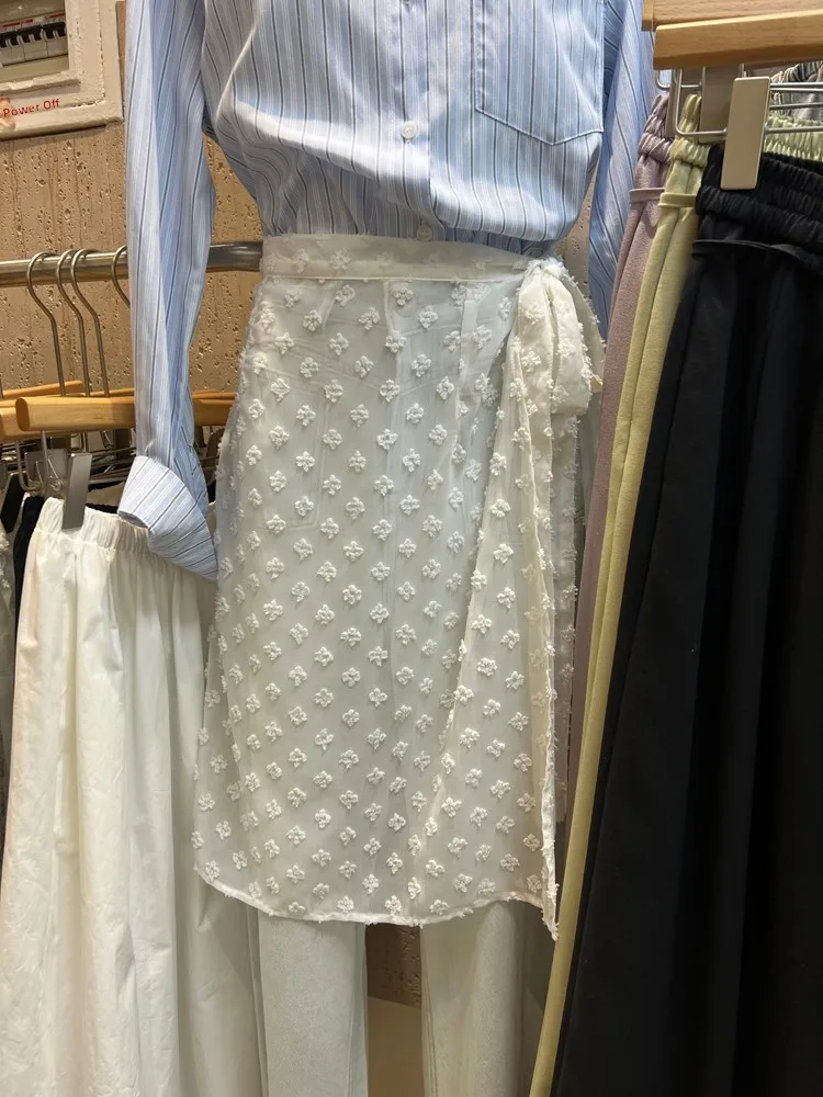 Lace Skirt High Waist A-Line Midi Skirt White Layered Half Body Skirt 3D Hooked Flower One-Piece Net Curtain Style Women's Fa...