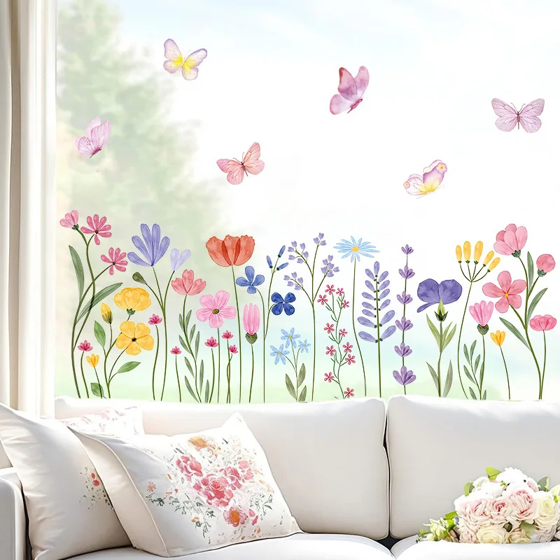 Watercolor Floral Wall Stickers Spring Plant Flower Grass Butterfly Decals PVC Self-Adhesive Vinyl Murals Living Room Home Decor