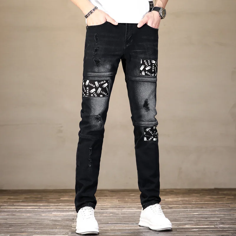 

Summer New Ripped White Printed Tape Men Jeans Slim Fit Small Foot Mid Waist Pants For Trousers Embroidered Stitching Wool Soft