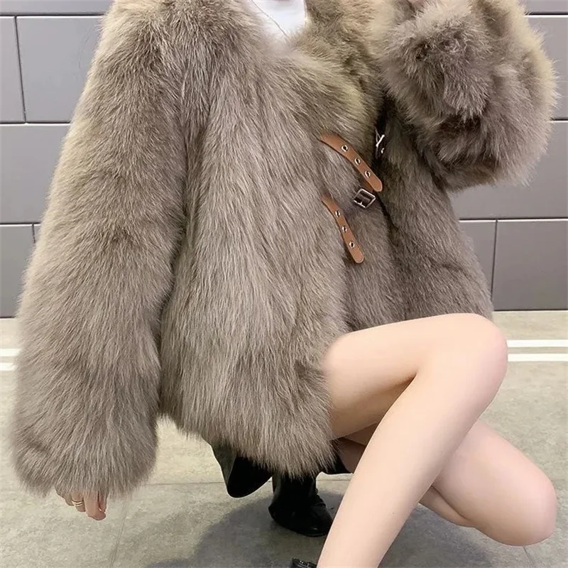 Female Lmitation Fur Coat Short 2025 Autumn/Winter New Loose Haining Fur Jacket With Double PU Leather Buckle Outwear Fashion