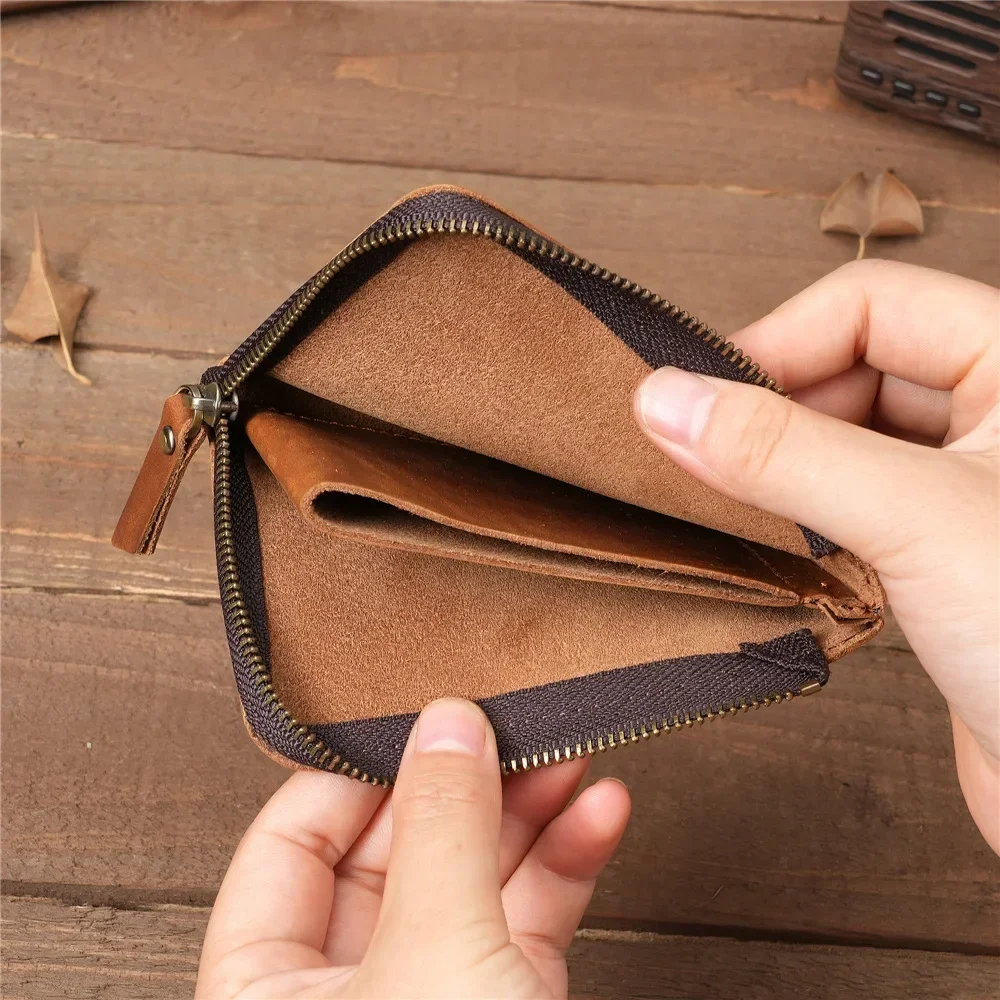 Portafoglio da uomo in vera pelle con cerniera Borsa porta carte semplice Portafoglio da lavoro Portamonete portatile in pelle di vacchetta di primo strato