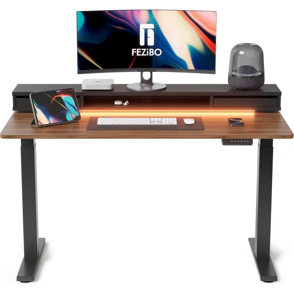 

FEZIBO 55 x 24 Inch Height Adjustable Electric Standing Desk with Double Drawers, Stand Up Desk with LED Strips, Sit Stand Desk