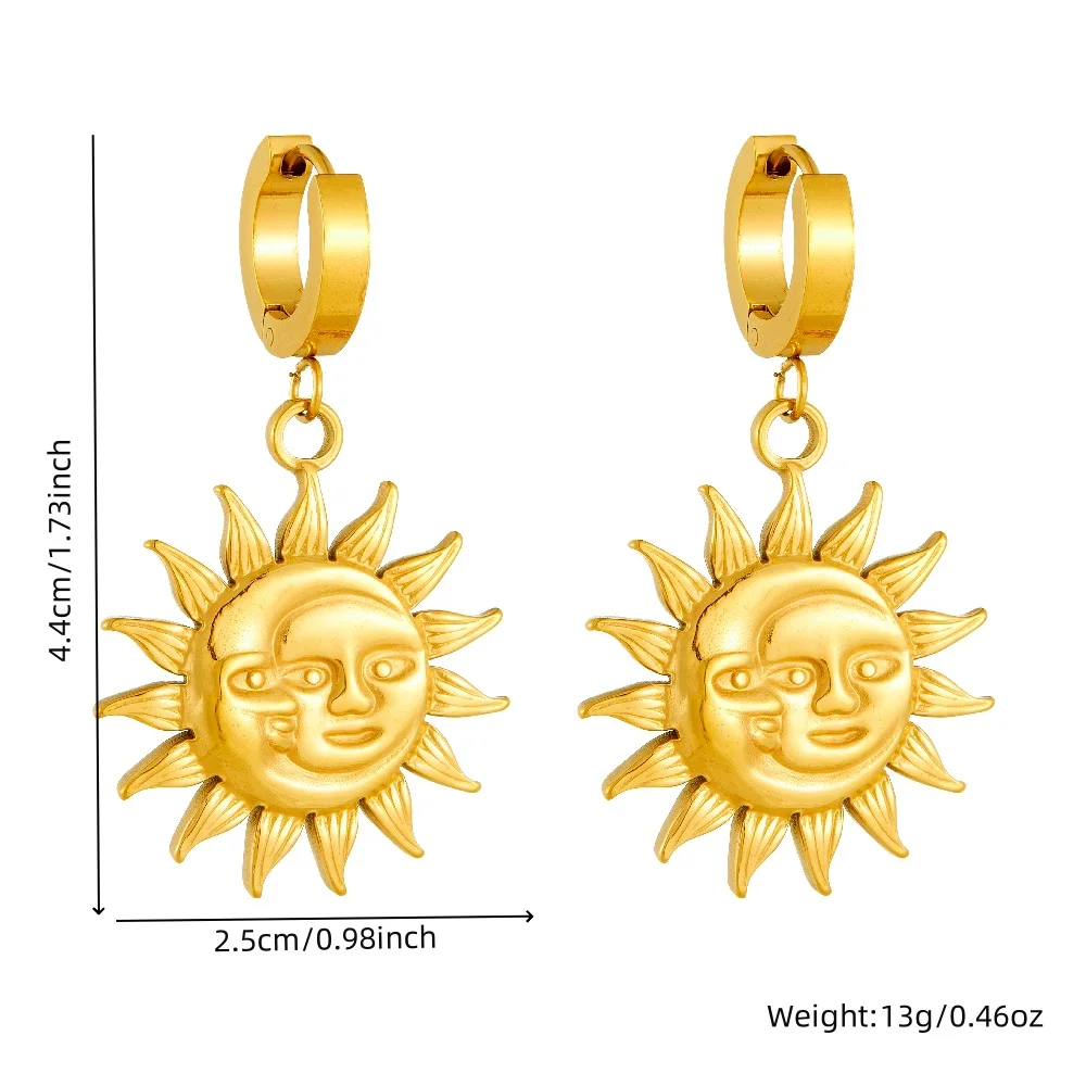 DIEYURO 316L Stainless Steel Golden Concise Relief Sun Pendant Earrings For Women Girl Fashion New Trend Ear Buckle Jewelry Gift