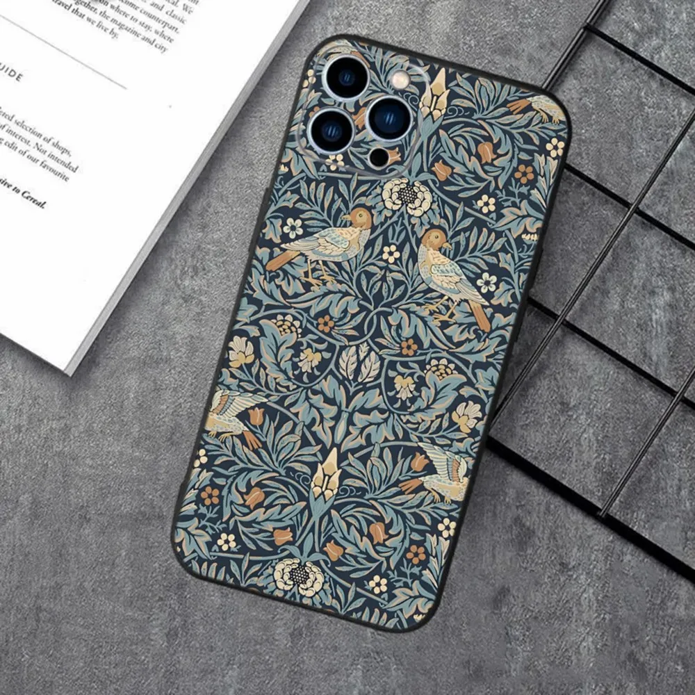 William Morris Strawberry Thief Phone Case For iPhone 16,15,14,13,12,11,XS,XR,X,8,7,Pro,Max,Plus,mini Silicone Black Cover