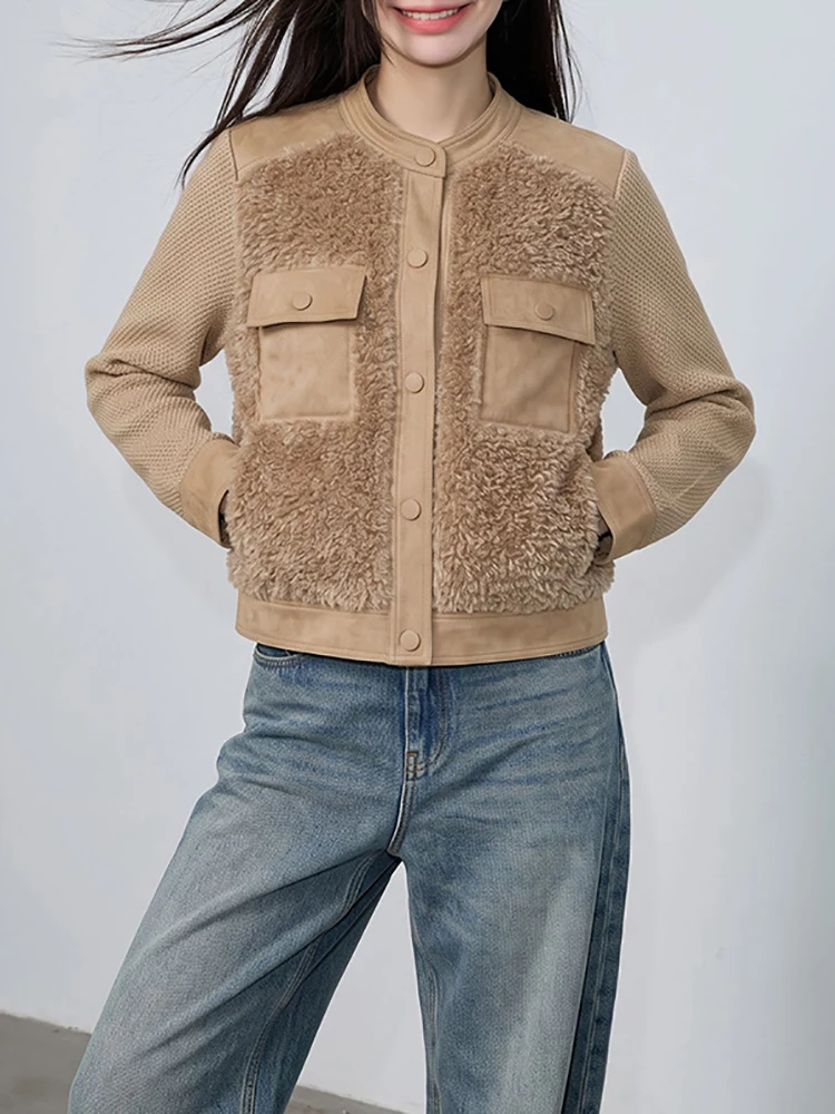 Wool, leather and fur combined camel-colored women's coat, 2026 winter new style, high-end and elegant fashionable short jacket