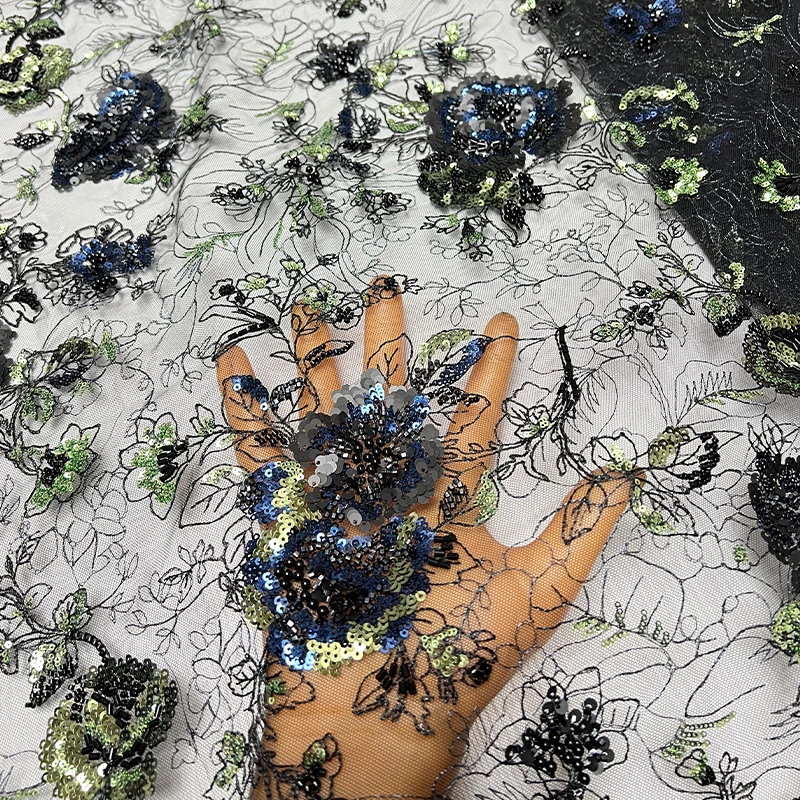 نسيج شبكي على الموضة الفرنسية، تطريز أنبوبي مطرز أفريقي، أظافر ثقيلة منقوشة، فستان قماش مطرز بالترتر والترتر