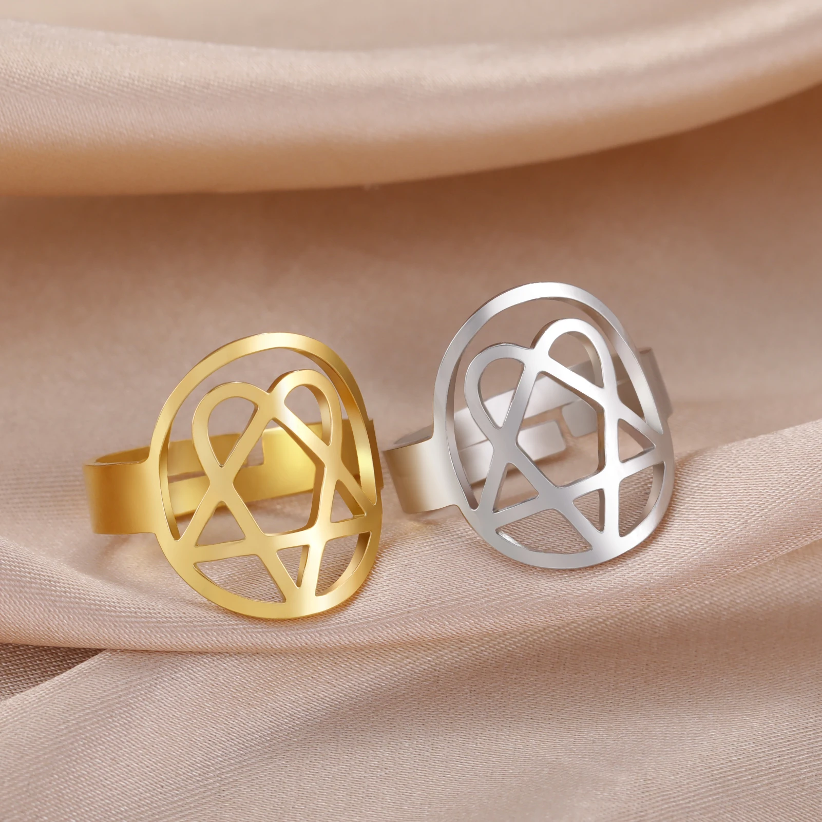 Unift Heartagram Rings for Women Stainless Steel Oral Open Ring Gothic Fashion Pentagonal Wicca Jewelry Wedding Band Gold Plated