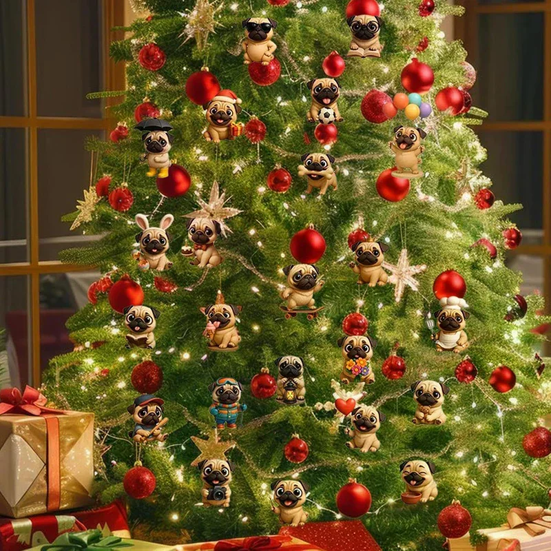 Calendario dell'Avvento carlino 2025, calendario dell'avvento natalizio da 24 giorni con simpatici ornamenti pendenti per cani carlino, regalo di festa per gli amanti dei cani