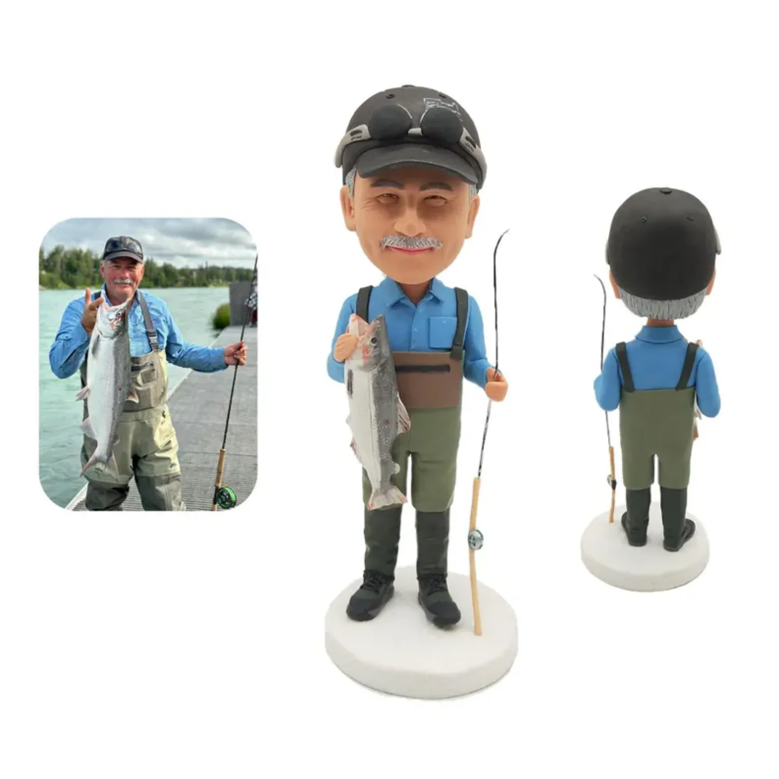 Personalized Fisherman Bobblehead with Fishing Rod and Catch, Custom Figure from Photo, Unique Angler Retirement Gift
