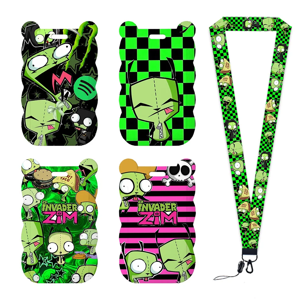 Cute Zombie Cartoon Card Holder with Lanyard Bear Ear Wavy Edge ID Badge Holder Kawaii Green Skull Gingham Print Card Case Gifts