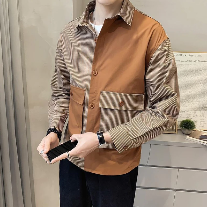 

Male Shirts Striped Long Sleeve Cargo Men's Shirt Hipster with Sleeves Collar Tops Asia High Quality Luxury New in Cool Casual I