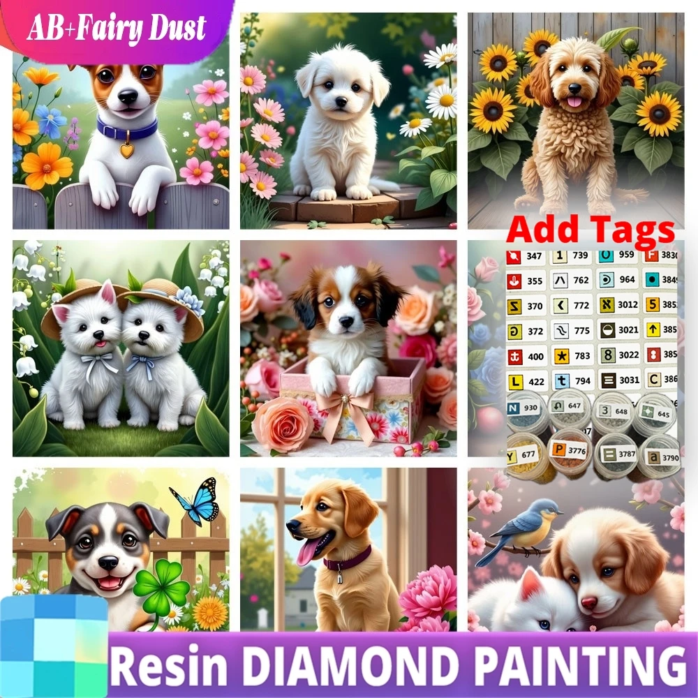 

Resin Fairy Dust AB Full Diamond Painting Dog Flower Art Kit Square Round Mosaic Animal Home Decor Rhinestones Diy Gift