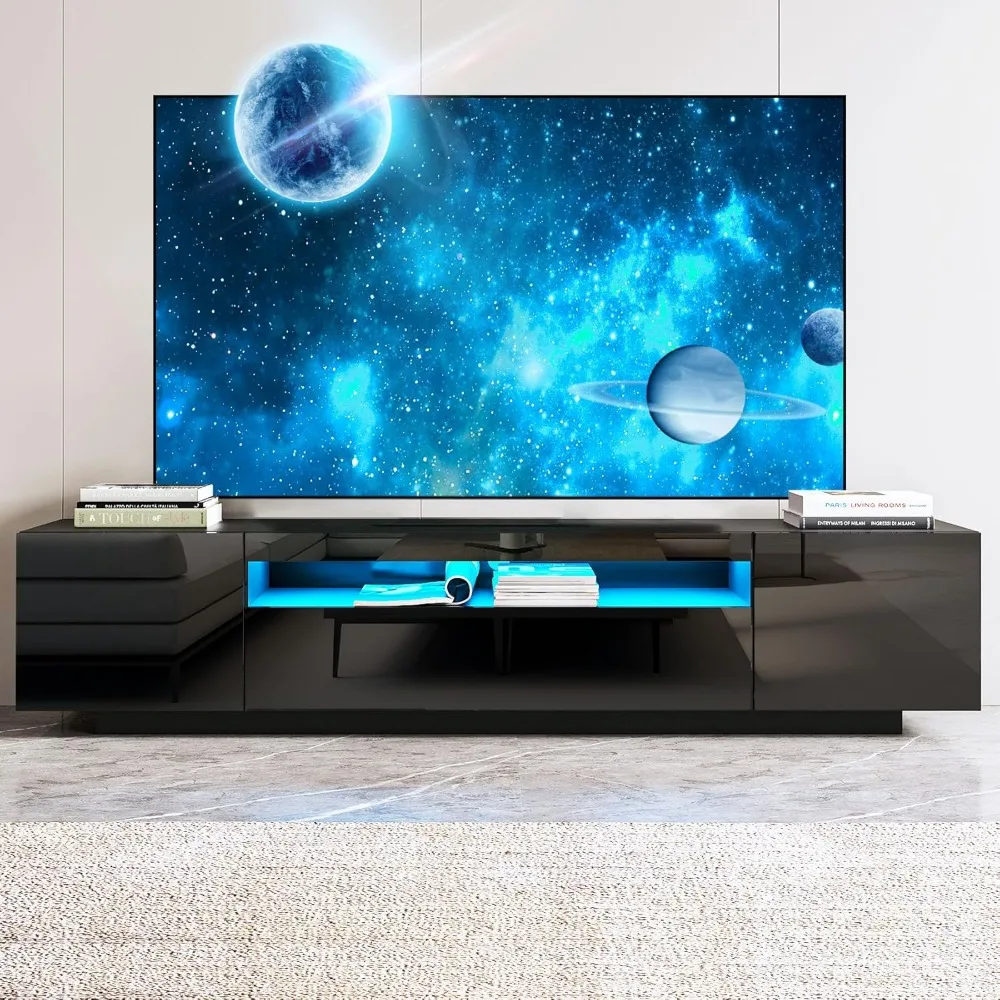 85 Inch TV Stand with LED Lights, Modern LED Entertainment Center with Storage Cabinet, High Gloss Media TV Console