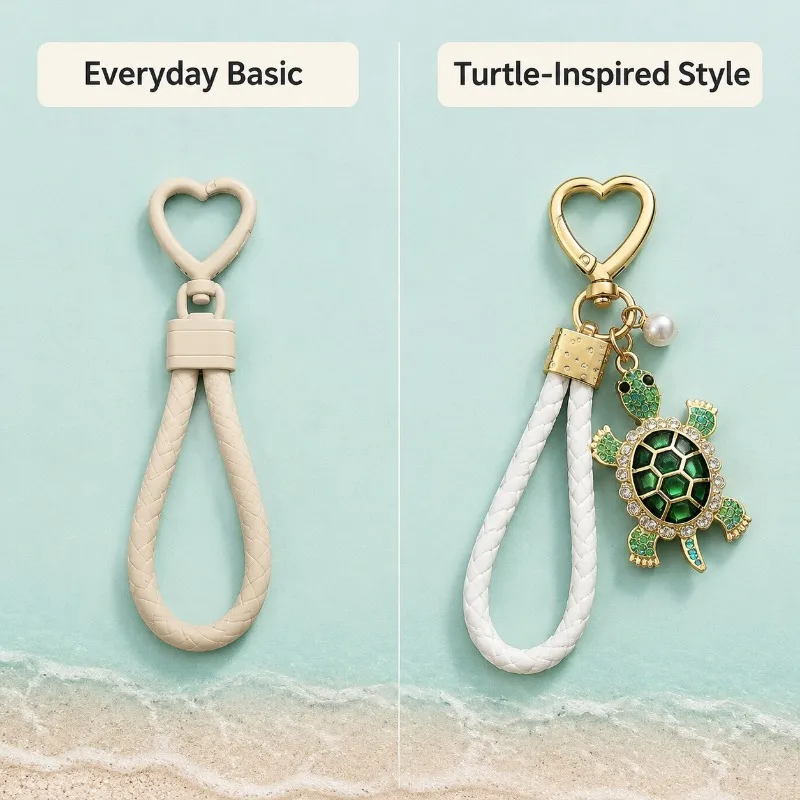 Braided Wrist Strap Turtle Keychain Rhinestone Tortoise Charm Key Holder Cute Bag Pendant for Daily Beach Travel Decor Gift