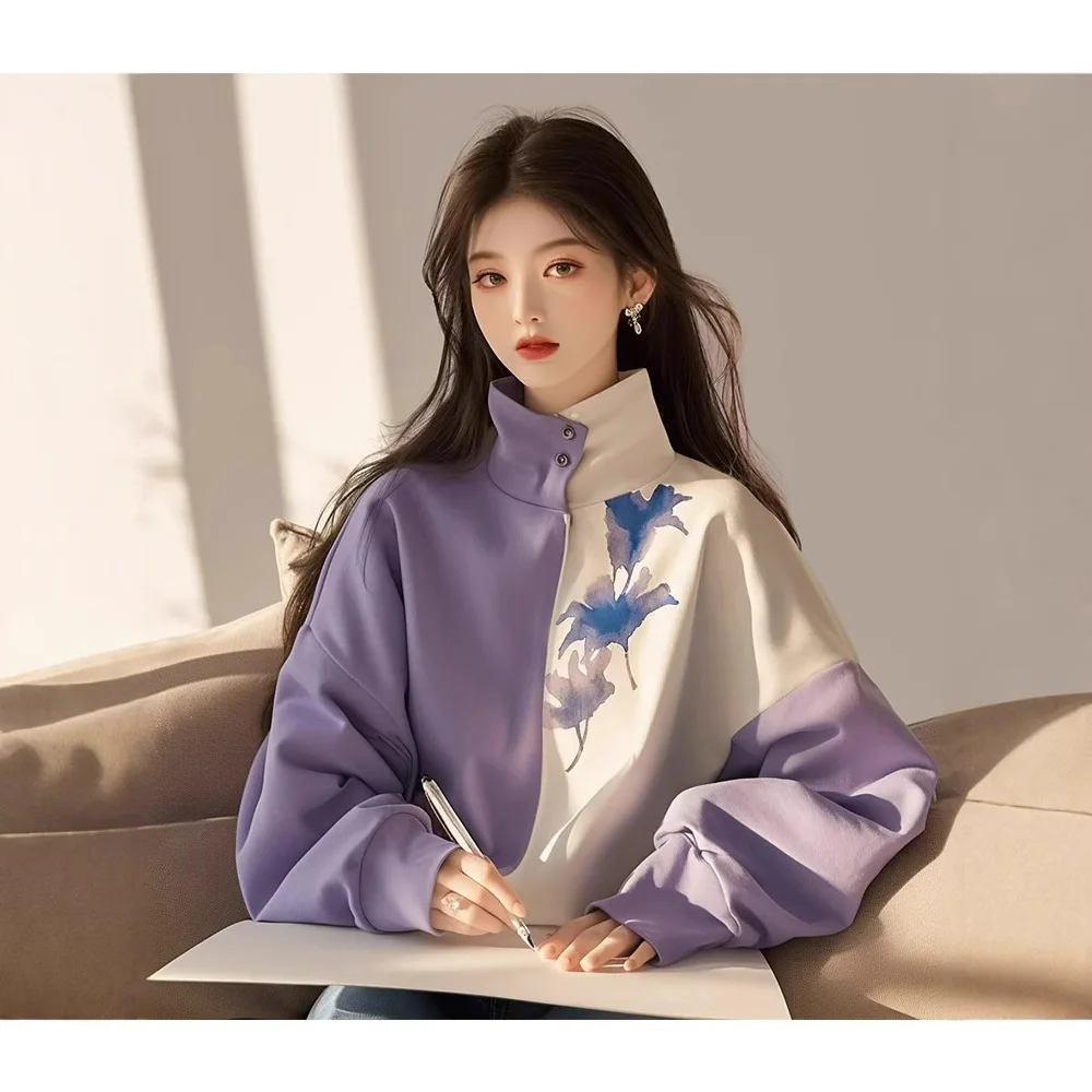 

Осень 20%, новый популярный американский свободный шикарный топ с контрастным принтом и воротником-стойкой, толстовка с длинными рукавами для женщин