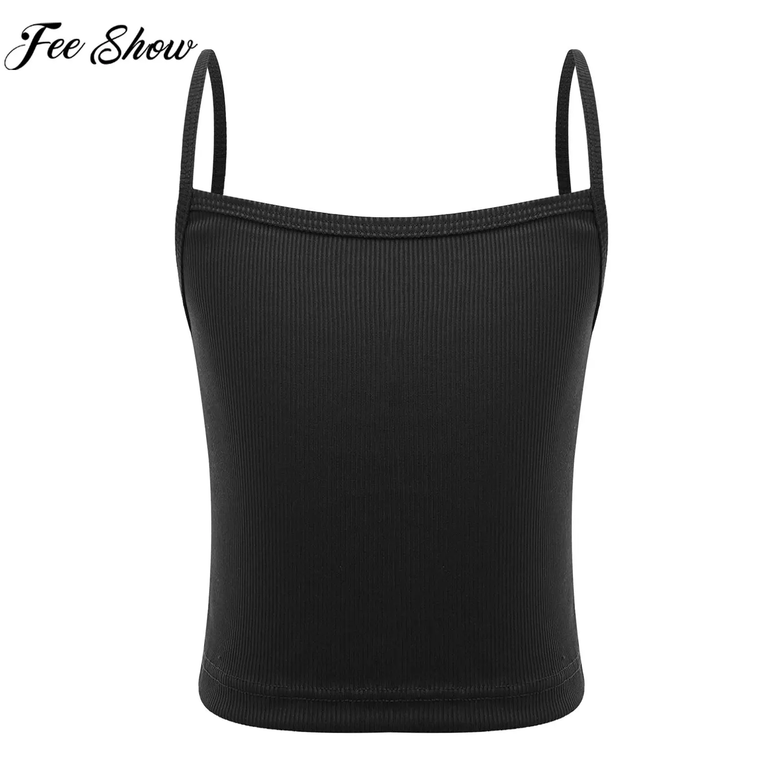 Kids Girls Casual Camisole Undershirt Solid Color Spaghetti Straps Ribbed Crop Top Vest Tanks for Sports Dance Fitness Running