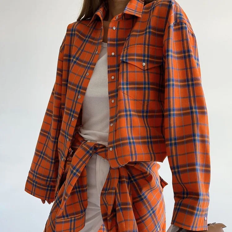 Autumn 2024 American Academy Style Orange Plaid Women\'s Loose Pocket Lapel Long Sleeve Shirt