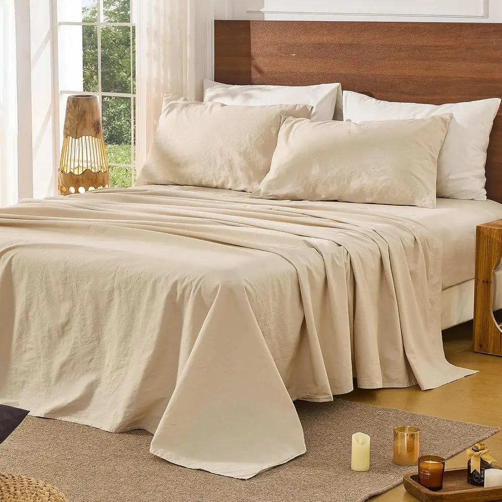 

Queen Size Linen Bed Sheets - Breathable, Cooling, Durable, Moisture Wicking - 4 Piece Set with 16 Inch Deep Pocket