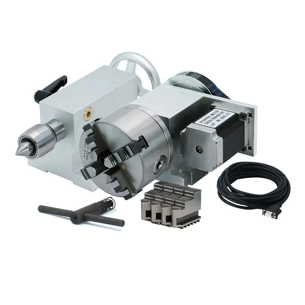 Precision 0.05mm 6:1 Lathe K12 100mm 4 Jaw Chuck 4th Axis With Nema 23 Stepper Motor Rotary Table Dviding Head Lathe CNC
