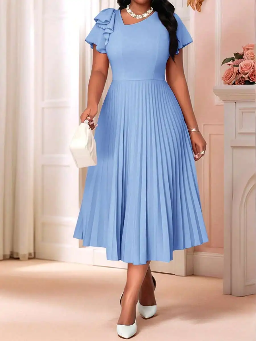 Elegant Pleated Midi Dress With Flounce Sleeve Round Neck Casual Summer Womens Dress