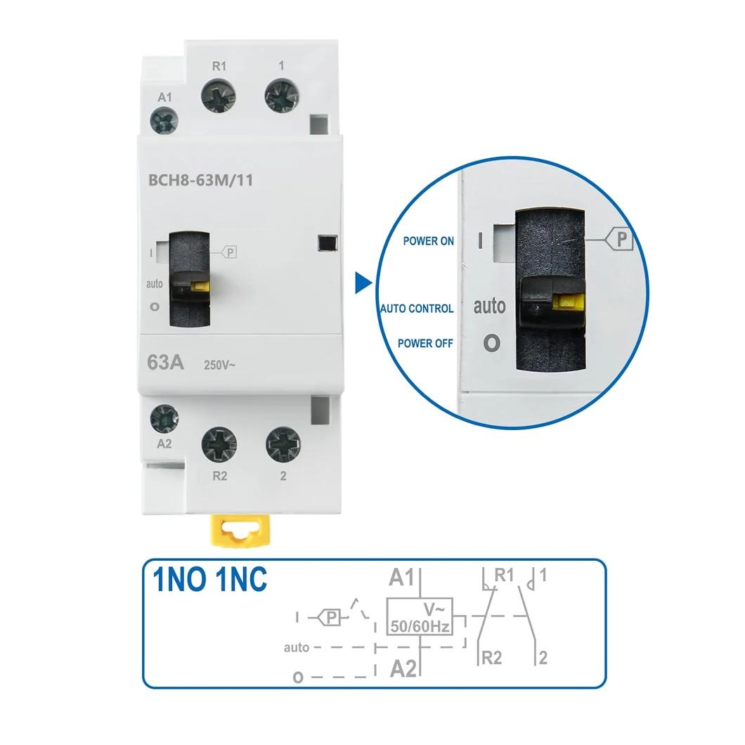 ABILKEEN BCH8-63M/11 63A 1NO1NC 2Pole Manual Household AC Contactor 50/60Hz Modular Contactor Circuit Manual/Automatic Control