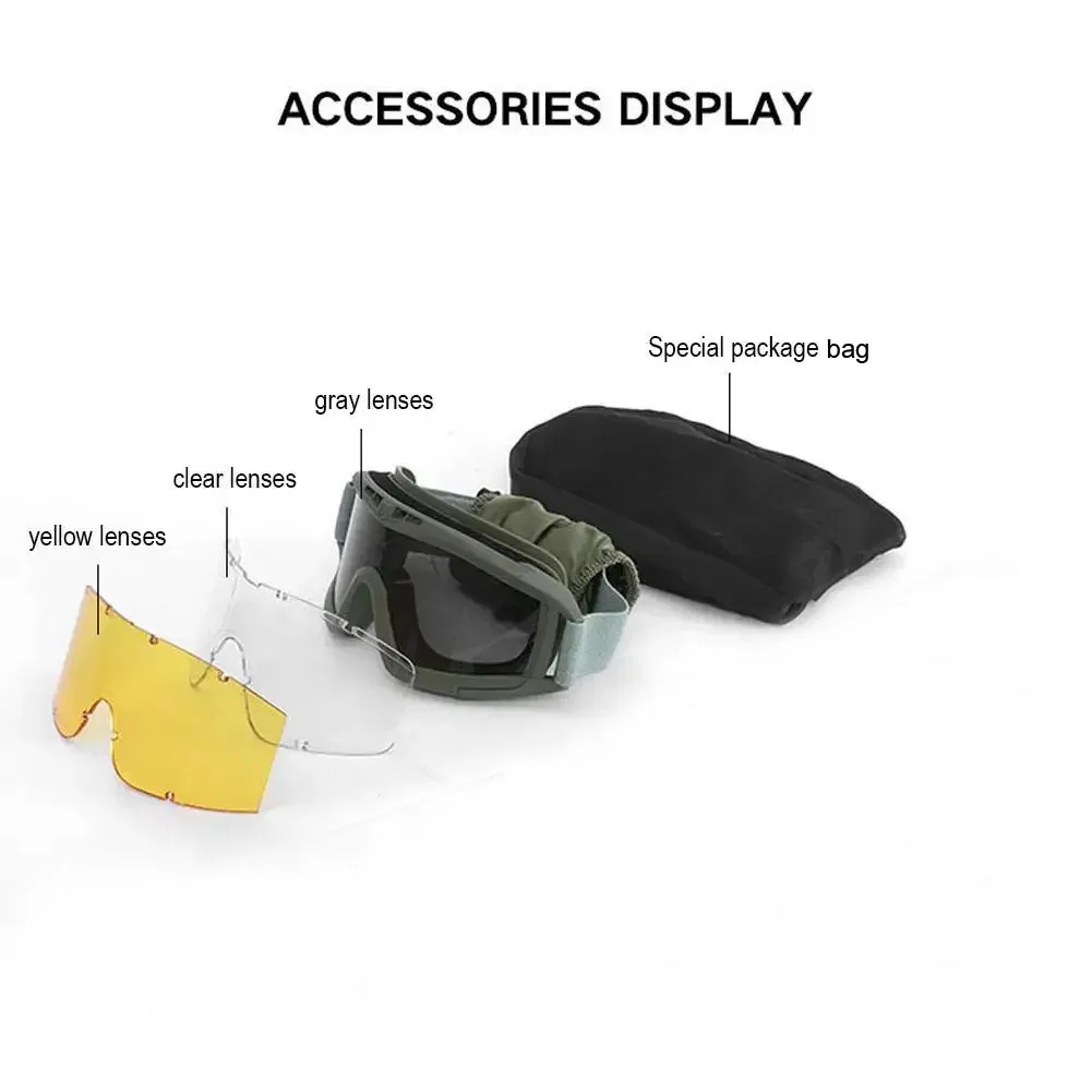 Tactical Goggles 3 Lens Windproof Dustproof Shooting Motocross Motorcycle Mountaineering Glasses Safe Protection CS Game Glasses