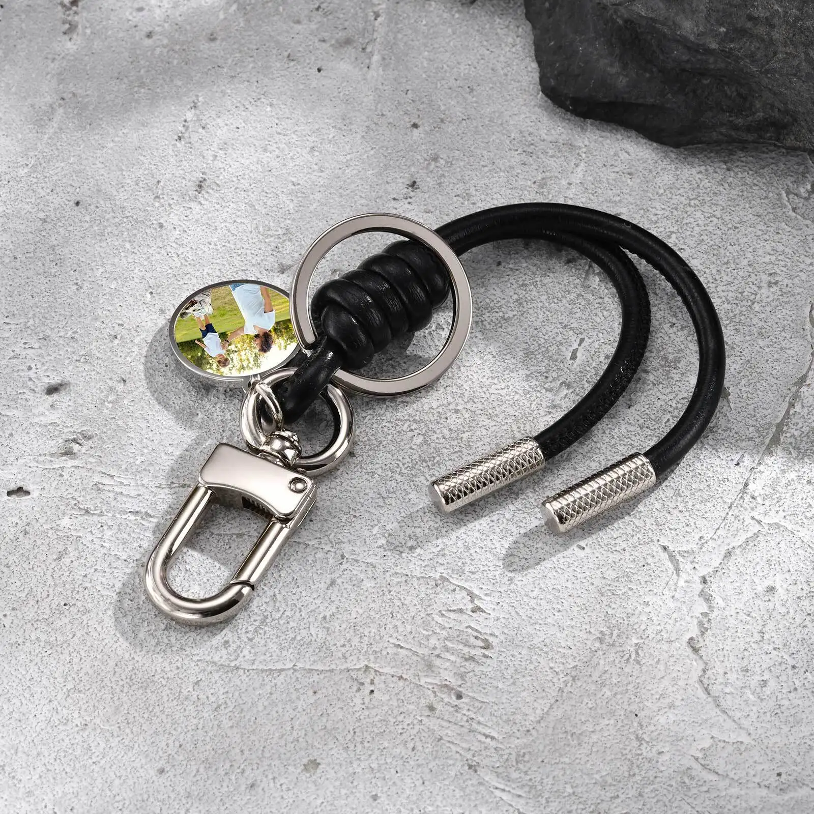 Vnox Photo Customized Key Chain, Black PU Soft Leather Rope Keychains Image Metal Plate Key Chain, Custom Birthday Gift for Dad