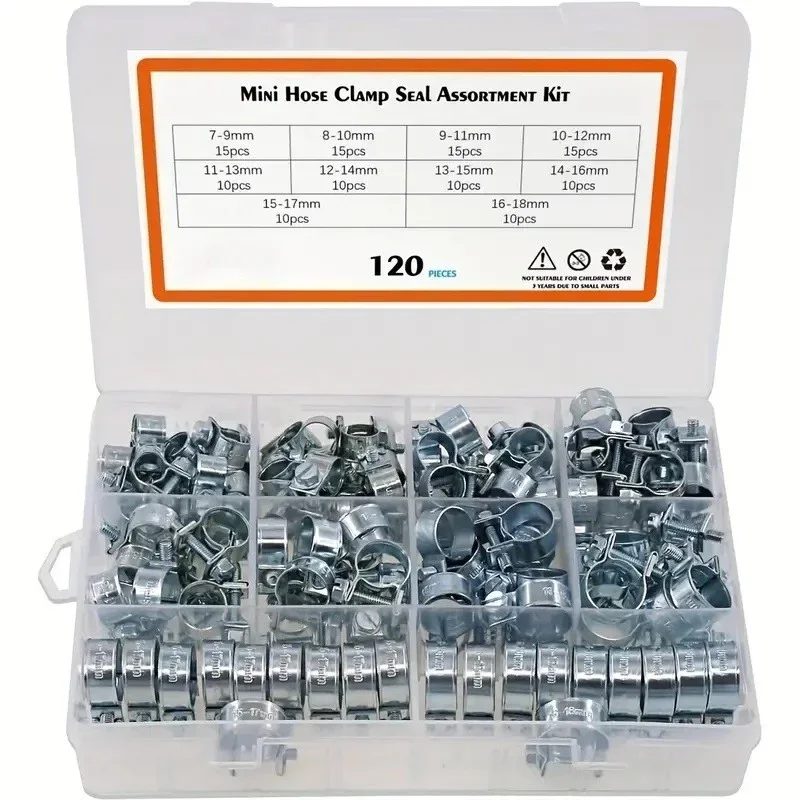 120pcs 7-18mm Mini Hose Clamp Worm Drive Fuel Water Hose Pipe Clamps Clips Hose Fuel Clamps Assorted Kit