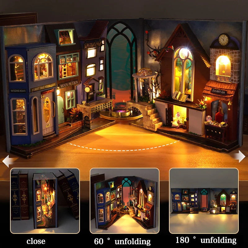 Bookshelf Set Mini Doll House DIY Book Nook Kit 3D Puzzle Book Shelf Insert Decorative Building Model Bookshelf With LED Lights