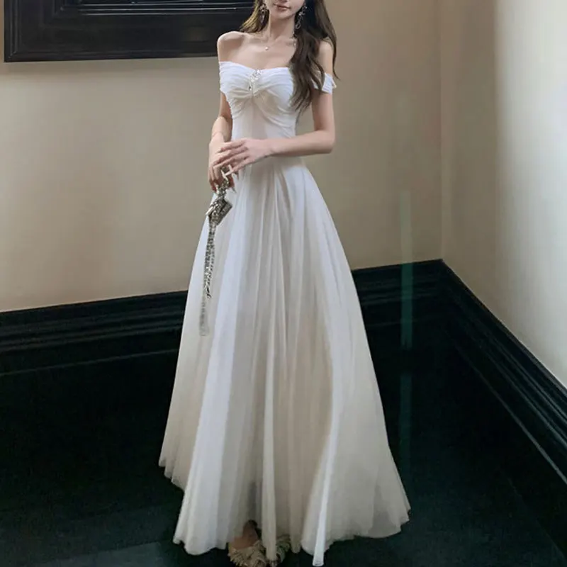 

Women Off Shoulder Sweetheart Tulle Maxi Dress Fashion Twist Backless Slash Neck Ruched A Line Gown Evening Party Long Dress New