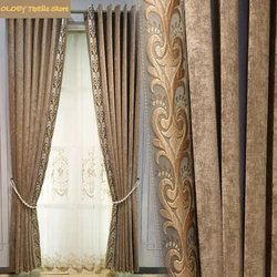 European Style Curtain for Living Dining Room Bedroom Curtains Luxury Modern Chenille  Embroidered Coffee Cloth Custom Curtain