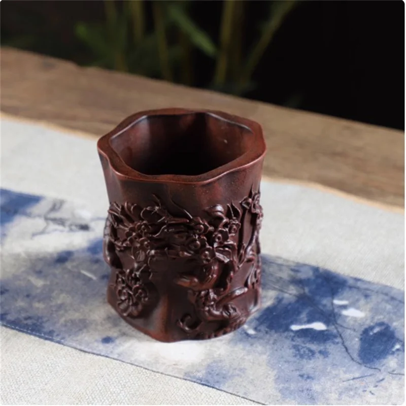 Ceramic Carved Bonsai Pot,Small Vase, Flower and Bird,Home, Office, Desk, Table, Garden Decoration