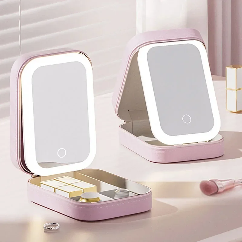 

LED Makeup Bag With Mirror For Women Portable Cosmetic Storage Bag Small Lipstick Brush Wireless Makeup Box With Light