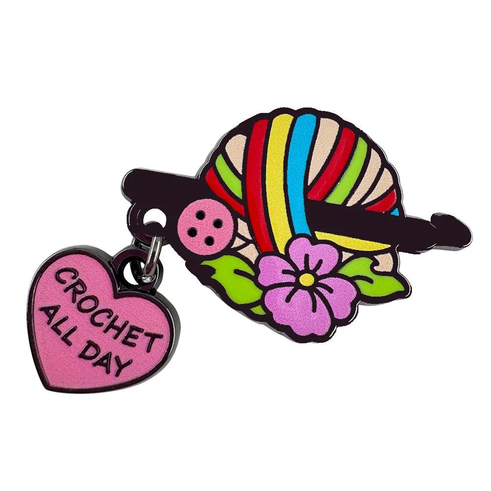 Crochet All Day Enamel Pin Heart Rainbow Yarn Hook Button Flower Lapel Brooch Lovely Craft Creative Knitters Flair Gift Badge Ac