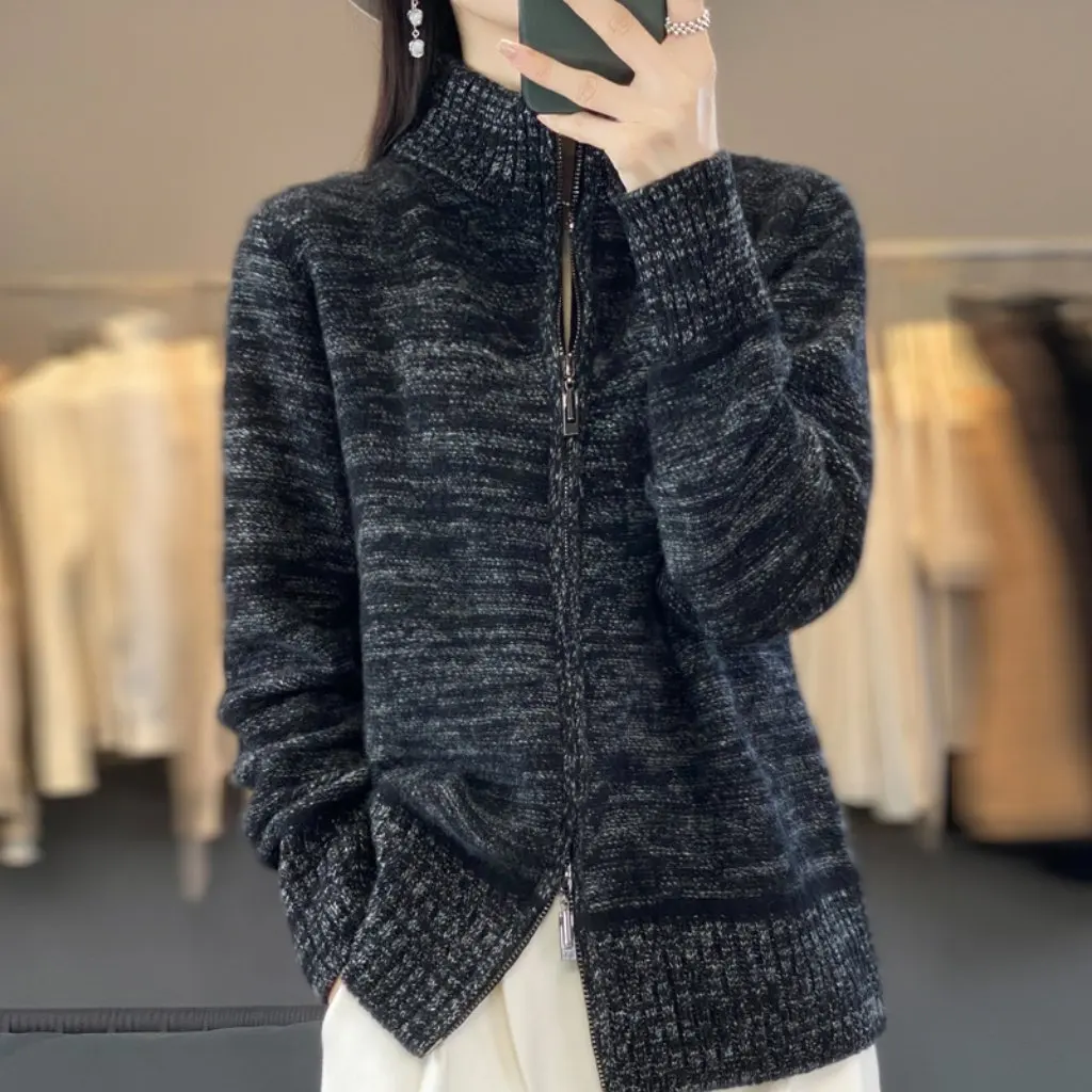 

Women's Cashmere Cardigan Turtleneck Loose Fit Thickened Wool Knitted Coat Sweater Autumn Winter Lazy Zipper Style