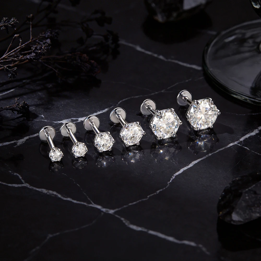 AIDE 925 Sterling Silber 1 Stück Sechsklauen Funkelnder Moissanit Damen Multi-Größen Flacher Rücken Knorpelpiercing Hochzeits-Brautgeschenk – Detail 24