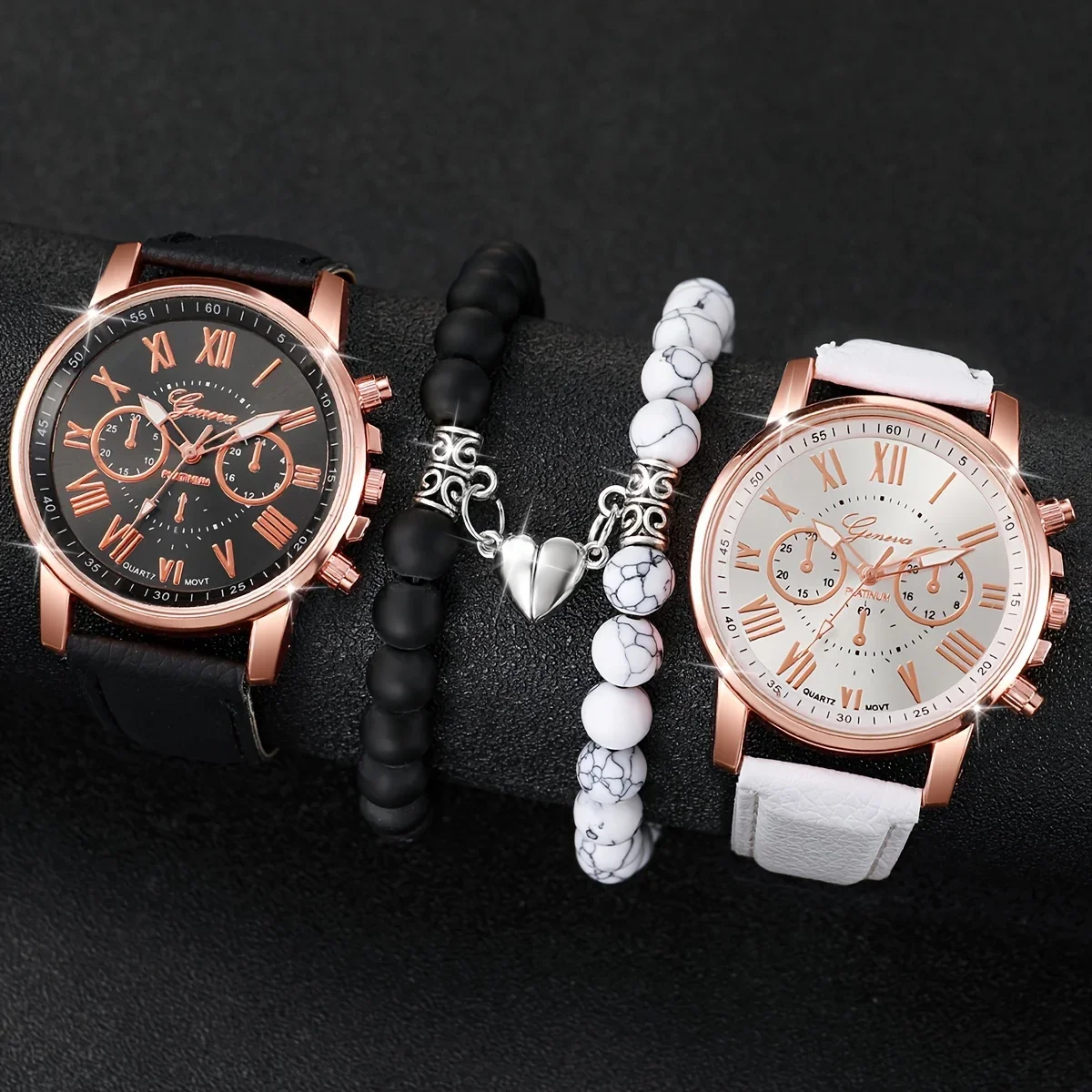 4pcs/set Casual Fashion Couple Quartz Watch Analog PU Leather Wrist Watch & Matching Heart Bracelets, Valentine\'s Day Gift