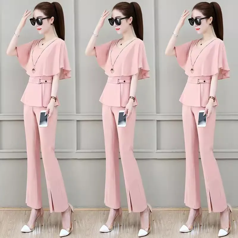 Early Spring Fashion Chiffon Set Women's 2024 New Summer Dress Waist Slimming Fashion Bell Bottoms Two-piece Suit Lady