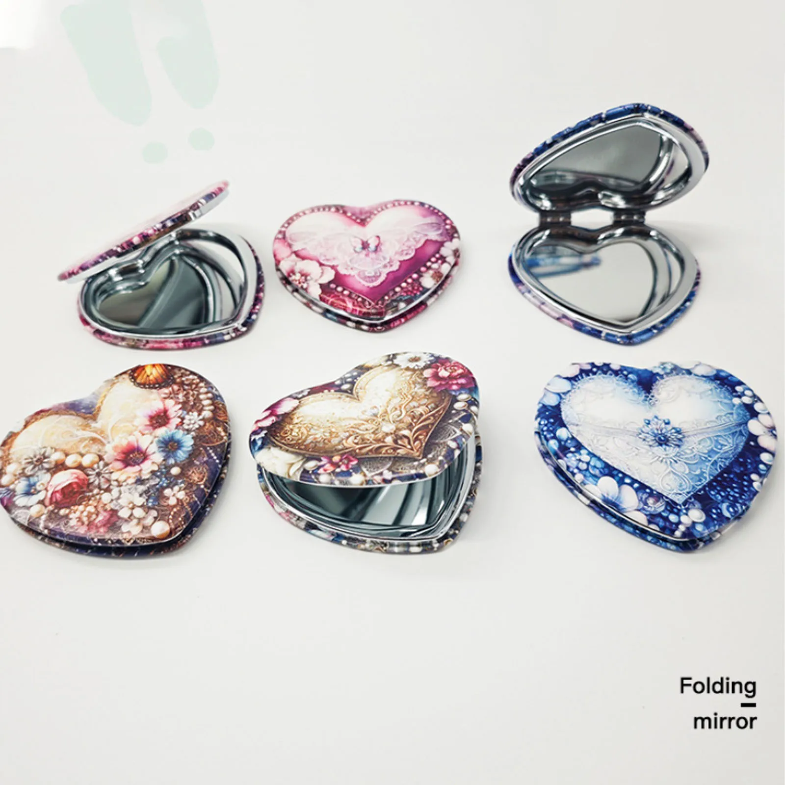 Fashionable Heart-Shaped PU Folding Makeup Mirror Portable Small Mirror High-Definition Double-Sided Mirror