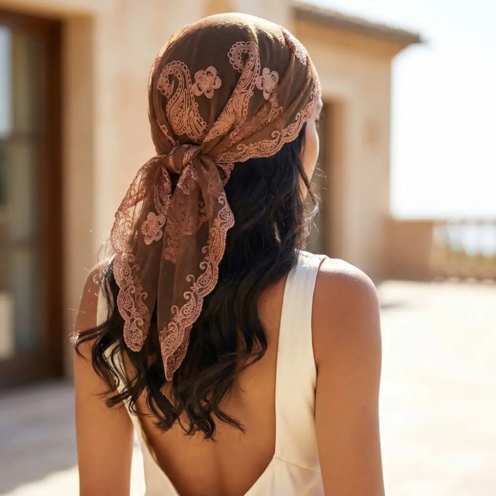 Embroidered Lace Embroidery Square Scarf Thin Cashew Pattern Cashew Flower Bandana Mesh Lace Trim Veil Turban Head Accessories