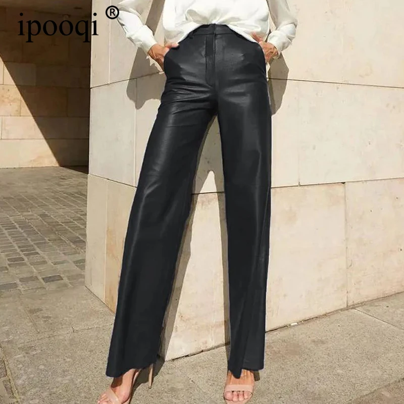 

ipooqi Women High Waist PU Faux Leather Pants Wide Leg Straight Trousers Female Office Ladies Streetwear Casual Long Pants