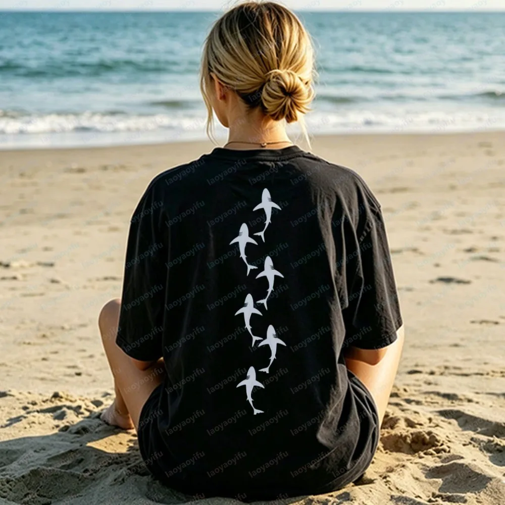 Shark Silhouette Cotton T-Shirt for Women Ocean Animal Graphic Tee Shark Lover Minimalist Beach Casual Tops Gift for Surfer