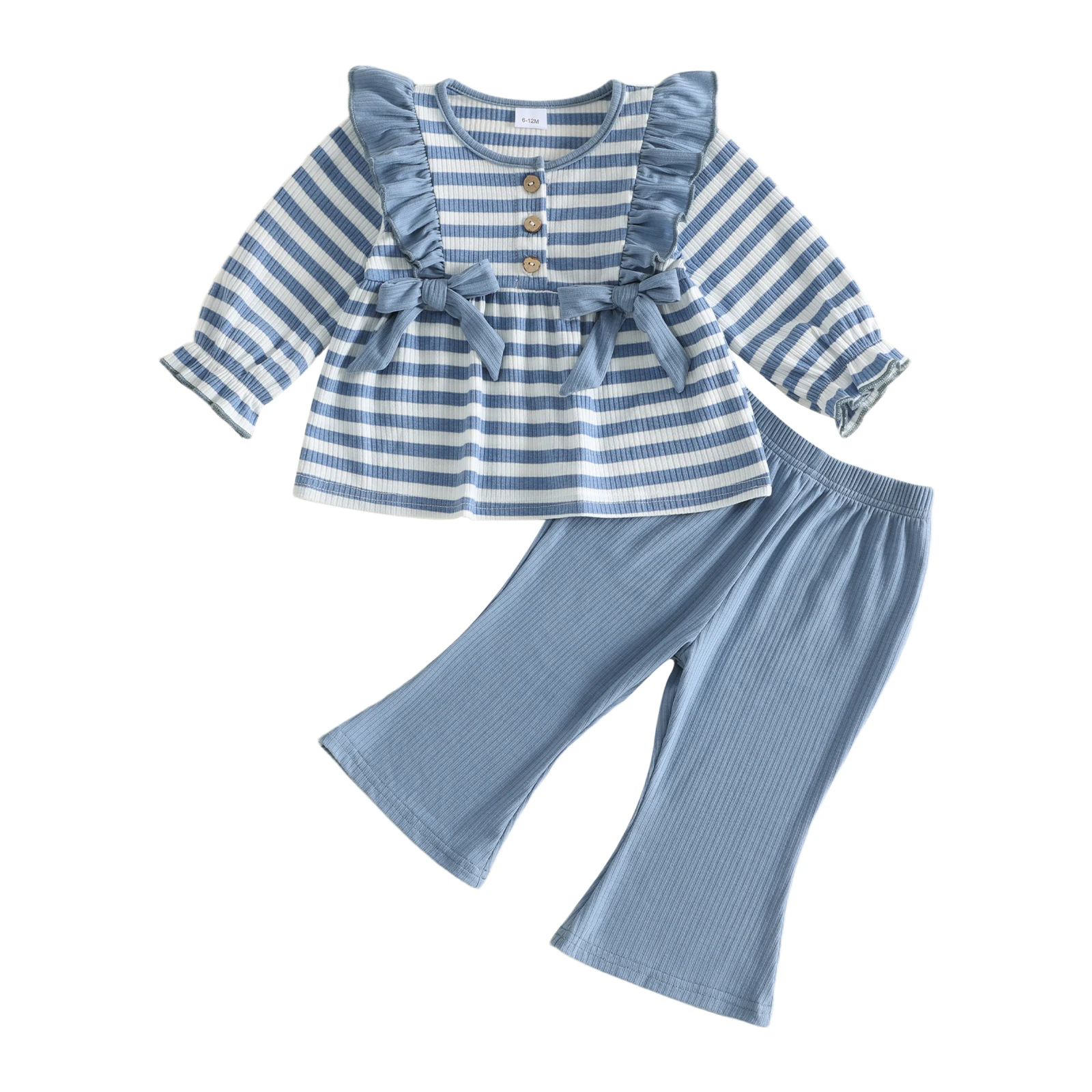 2027 Early Autumn Toddler Baby Girls Fall Outfits Fashion Stripe Long Sleeve Ruffled Tops + Solid Flare Pants Children's Sets