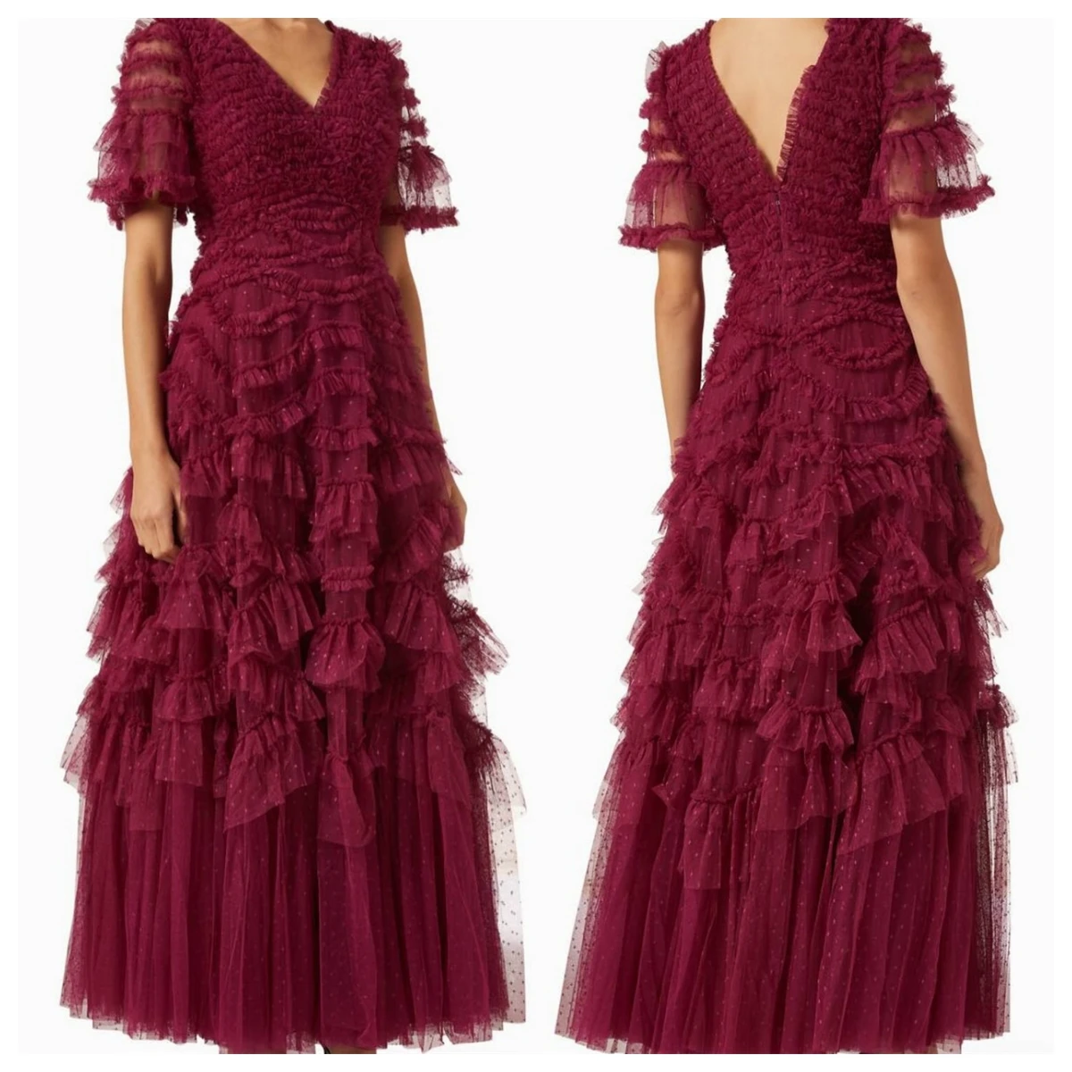 

Customized Fashion Burgundy Tulle Evening Dress V-Neck Short Sleeves Homecoming Dress Special Occasion Gowns Ruched Delicate