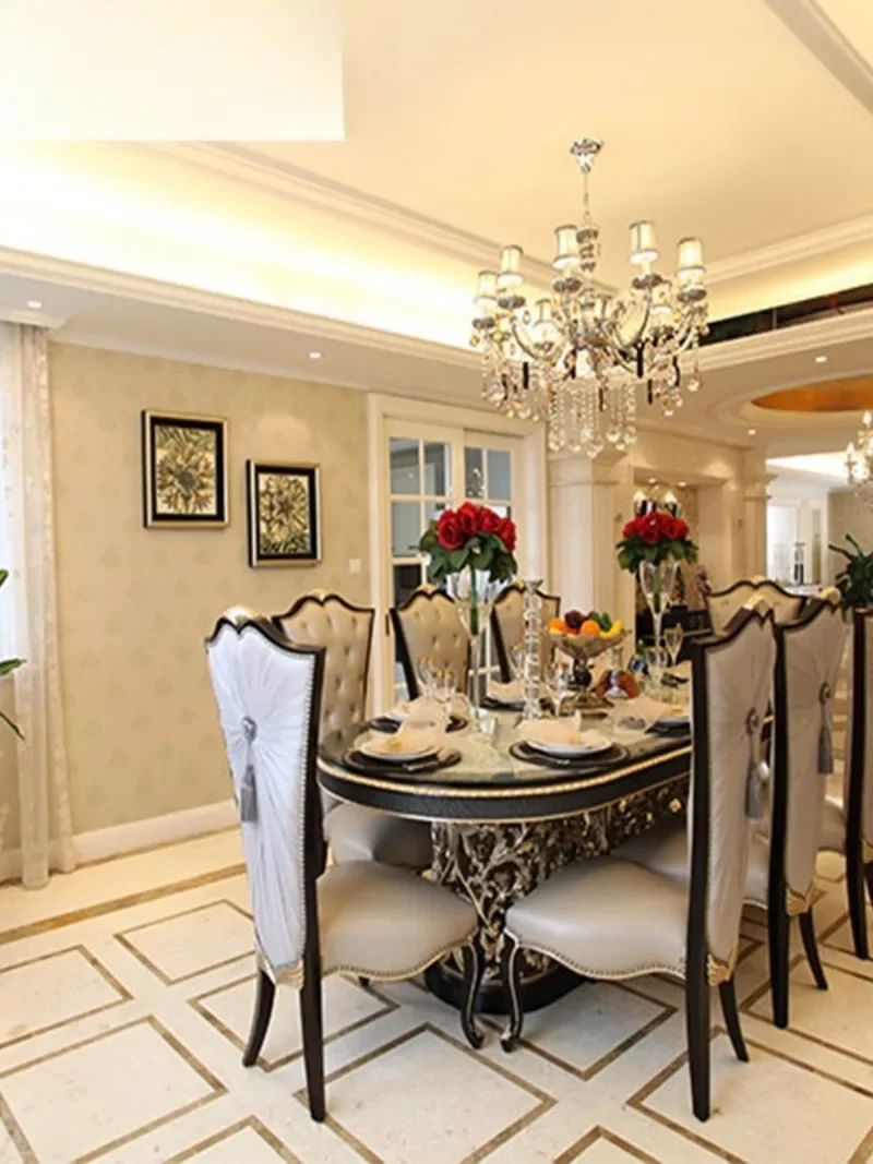 European neoclassical dining table, solid wood carved champagne silver shell-inlaid oval large dining table