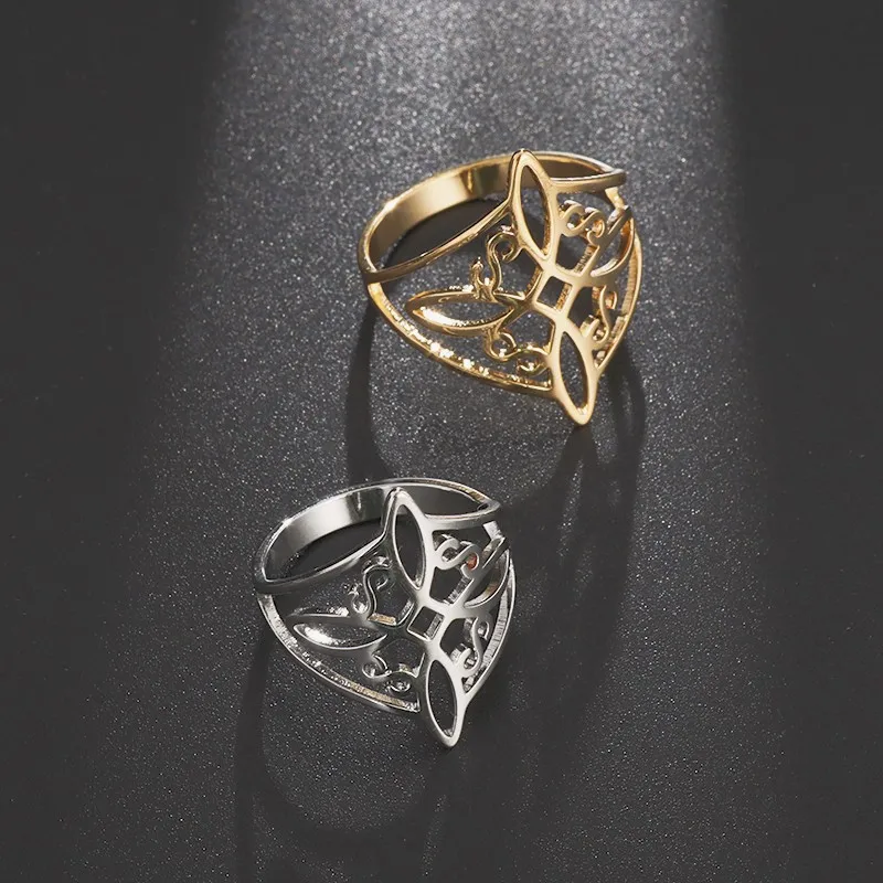 Cutout Witch Knot Ring Stainless Steel Pagan Witchcraft Symbols Magic Knot 4 Point Celtic Knot Witchcraft Amulet Ring