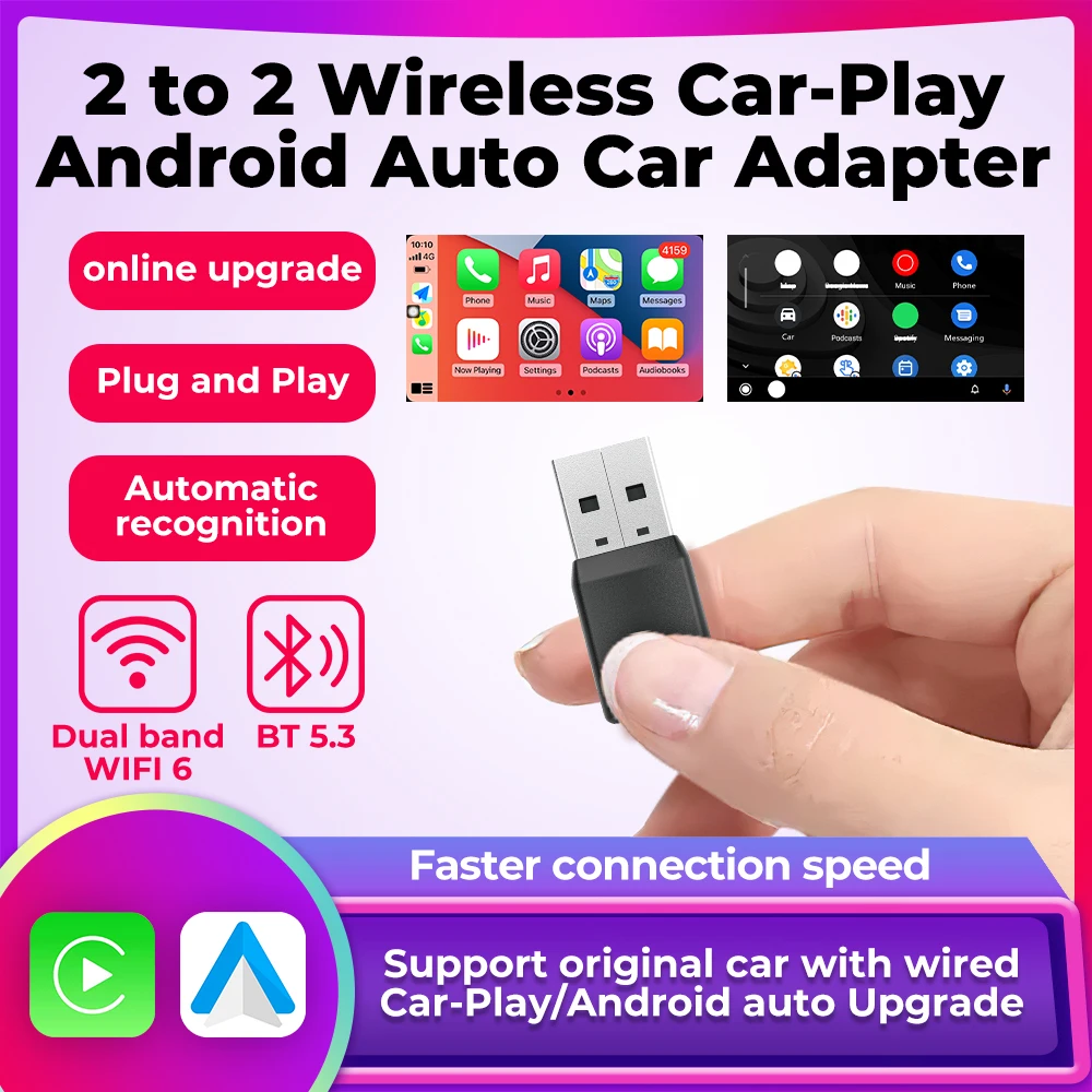 

Беспроводной адаптер 2-в-1 CarPlay Android Auto Mini AI Box для OEM-автомобилей: подключи и работай, быстрое подключение, двойной Wi-Fi, BT5.3, онлайн-обновление