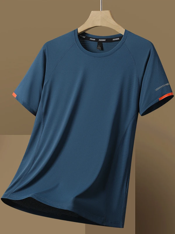 

Мужская летняя спортивная футболка из быстросохнущего шелка для бега и фитнеса, дышащая, молодежная, модная